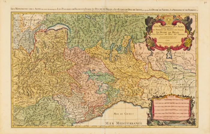 Savoyen, Piemont und Lombardei. - Les Montagnes des Alpes ou sont remarqués les Passages de France en Italie, le Duché de Milan et les Estats du Duc de Savoye, das Gebiet von den Alpen bis zum Golf von Genua, mit figürlicher Kartusche und Meilenanzeiger.
