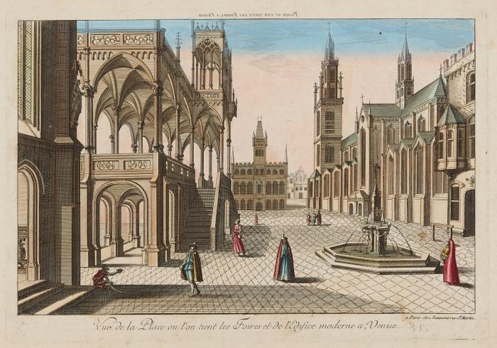 Venedig. Guckkastenbilder.
Vue de la Place ou l'on tient les Foires (2) / Vue du grand Arsenal / 8e Vue optique, représentant l'Egilse de St. Théodore et l'Entrée du grand Canal de Venise.