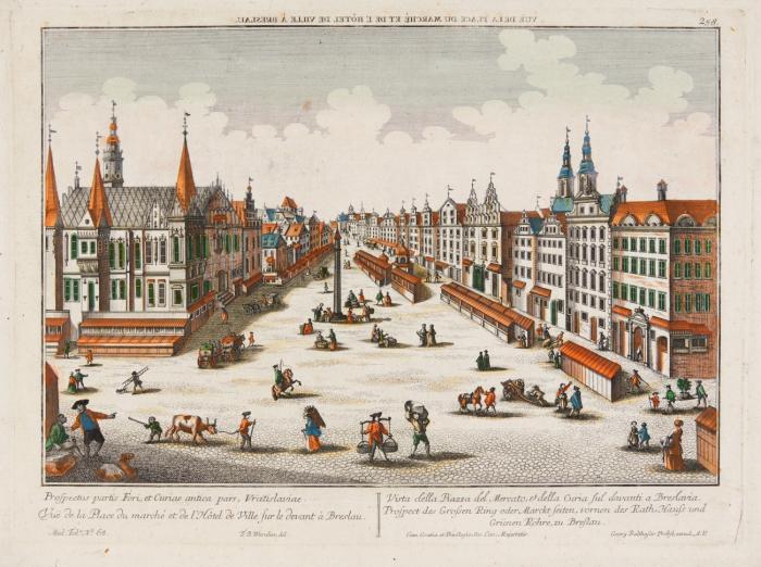 Breslau. Großer Ring mit Rathaus / Dom und Sandinsel. Vue de la Place du Marché et de l'Hôtel de Ville à Breslau / Vue entr L'Isle de Chapitre et de L'Isle du Sable à Breslau.