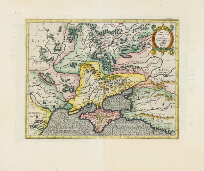 Russland / Krim. 2 kolorierte Kupferstichkarten.
1. Moscoviae Pars Australis. Von Isaac Massa bei J. Janssonius, um 1640. Plattengröße 38,5 x 50,5 cm, Blattgröße 47 x 57,5 cm.
2. Taurica Chersonesus... Bei Gerhard Mercator, lateiniesche Ausgabe 1606-8. Plattengröße 31,5 x 40,5 cm, Blattgröße 46,5 x 56 cm.