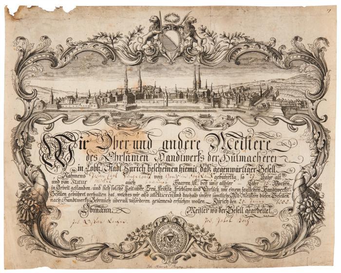 Schweiz. Zürich. - Gesamtansicht in reicher Akanthus-Einfassung. Handwerkskundschaft der Hutmacher,