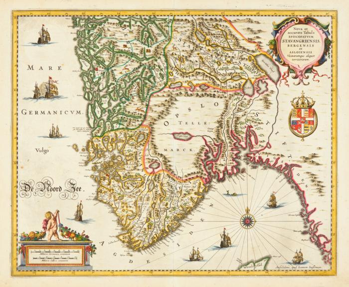 Südnorwegen. Nova et accurata Tabula Episcopatuum Stavangriensis Bergensis et Asloinesis Vicinarumque aliquot territoriorum, das südliche Norwegen mit Oslo, Stavanger und Bergen.