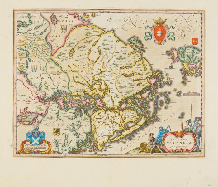 Uppland. Ducatus Uplandia, mit Wappen- und figürlicher Kartusche und einen Teil Ålands.