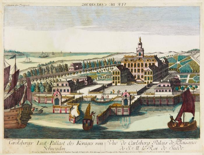 Schloss Karlberg (Solna, Schweden). Carolsberger Lust-Pallast des Königes von Schweden / Vuë de Carlsberg Palais de Plaisance de S.M. le Roi de Suede, Ansicht mitSchiffstaffage.
