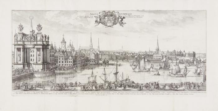 Stockholm. Arcus Triumphalis ... 1680, Ansicht mit Triumphbogen, Wappen und Legende.