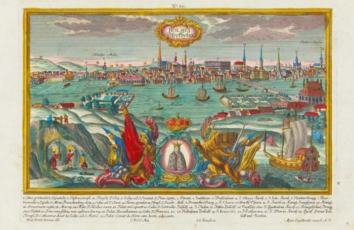Stockholm. 2 Gesamtsansichten des 17. und 18. Jahrhunderts..
1. Stockholm. Aus M. Merian Newe Archontologia Cosmica, 1638. Plattengröße 20,5 x 33 cm, Blattgröße 24,5 x 36 cm.
2. Holmia. Stockholm, über prachtvoller Kartusche und reicher Szenerie. Kolorierte Radierung von J. G. Ringle nach F. B. Werner, bei M. Engelbrecht. Plattengröße 21 x 30,5 cm, Blattgröße 23 x 36 cm.