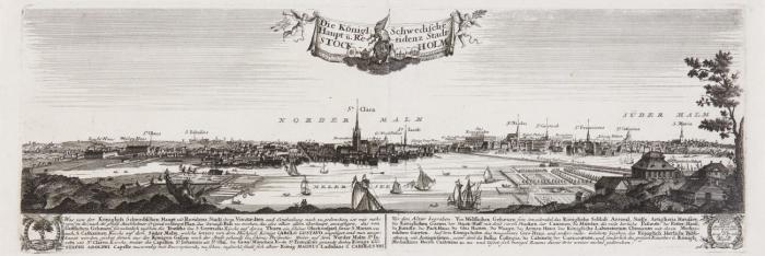Stockholm. Die Königl: Schwedische Haupt u. Residenz Stadt Stockholm, panoramaartige Gesamtansicht mit Legende.