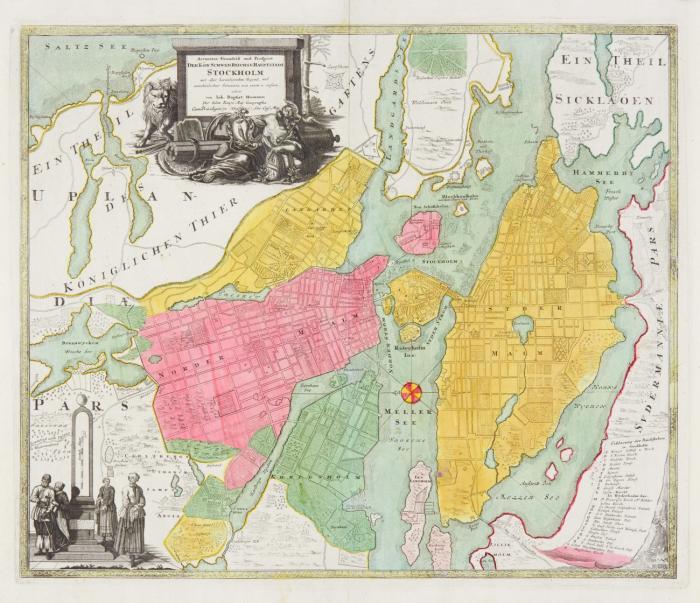 Stockholm. Accurater Grundriß und Prospect Der Kön. Schwed. Reichs u. Hauptstadt Stockholm mit aller herumligenden Gegend, und annehmlicher Situation von innen u: außen, Plan der Stadt mit Umgebung und zwei figürlichen Kartuschen.