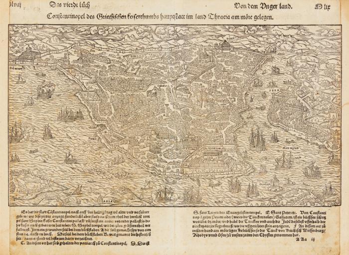 Konstantinopel. Constantinopel des Griechischen Keyserthumbs Hauptstatt, im Land Thracia am Meere gelegen. Gesamtansicht aus der Vogelschau.