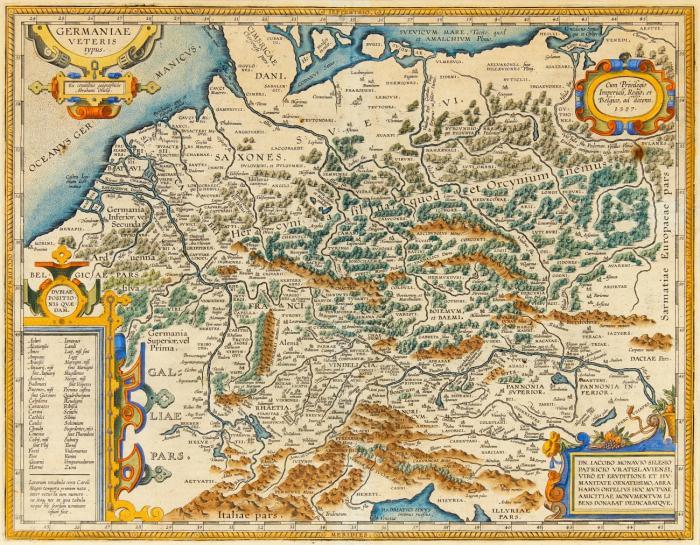 Deutschland. - Germaniae Veteris typus, historische Gesamtkarte von der Nordsee bis zum Golf von Venedig, mit ornamentalen Kartuschen.