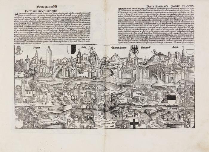 Deutschland. Ansicht aus halber Vogelschau, mit zusammengesetzten Ansichten von Aachen, Augsburg, Köln, Lübeck, Regensburg, Ulm, u.a. Rückseitig Electores Septem sacri imperii. Reichsstände.
