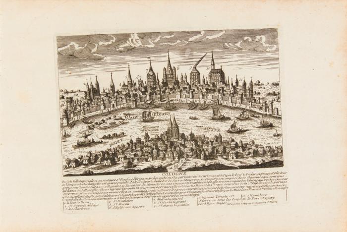 Deutschland. 7 Stadtansichten. Cologne / Treves / Francfort sur le Main / Lubeck / Hambourg / Hailbron, ou Heylbron / Ausbourg, jeweils mit Staffage im Vordergrund und Legende.