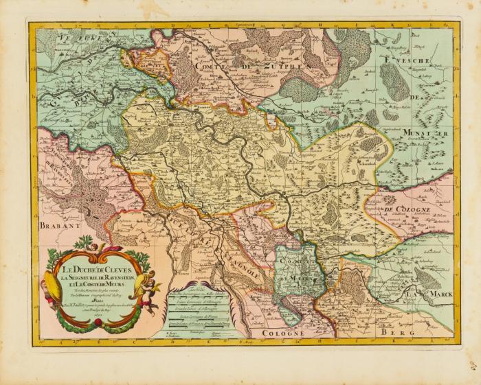 Nordrhein-Westfalen. - Westfalen / Herzogtum Kleve mit der Grafschaft Moers. Le Duché de Westphalie ainsi qu'il est presentement possedé par L'Eslecteur de Cologne / Le Duché de Cleves, la Seigneuriwe de Ravenstein, et le Comté de Meurs, jeweils mit figürlichen Kartuschen und Meilenanzeigern.