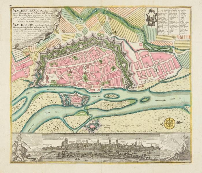 Magdeburg. Magdeburgum Ducatus cognominis Metropolis ad Albium ... Magdeburg die Haupt Statt eines Herzogthumß gleiches Nahmens, an der Elb..., Plan mit Gesamtansicht.