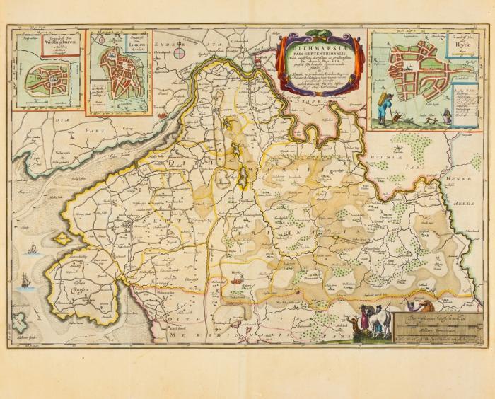Schleswig-Holstein. 3 kolorierte Kupferstichkarten von Johannes Mejer, bei J. Blaeu, französische Ausgabe 1663 ff.

1. Holstein / Rendsburg / Kiel. Rendsburgrum, Chilonium et Bordesholmia, sive Holsatia Propria, mit kleinem Plan von Rendsburg.
2. Ostholstein / Lübeck. Pars Meridionalis Wagriae cum parte Stomariae, in vier kleinen Teilkarten Pläne und Ansichten von Schloss Eutin, Segeberg und Travemünde.
3. Dithmarschen. Dithmarsiae Pars Septentrionalis, in drei kleinen Teilenkarten Pläne von Wesselburen, Lunden und Heide.
