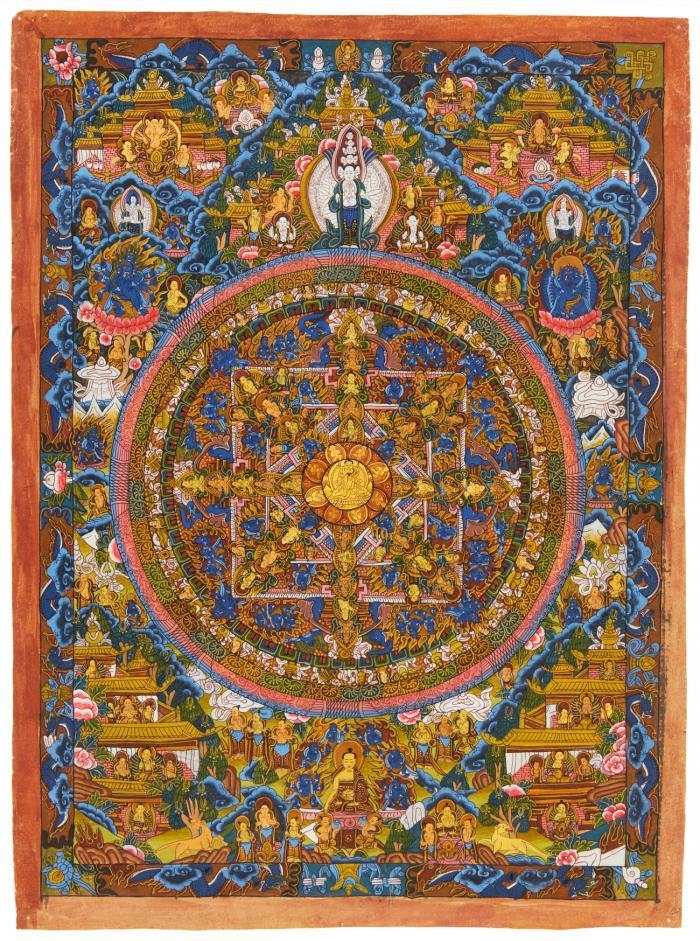 Buddhistische Malerei. Mandale. Aquarell und Gouache mit Goldhöhung auf Papier, auf Leinen aufgezogen. 58 x 43 cm.
Beilage: 
Ägyptisches Papyrusblatt mit Gouachemalerei und Goldhöhung (Neuzeit, mit Zertifikat). Ca. 32 x 46 cm.