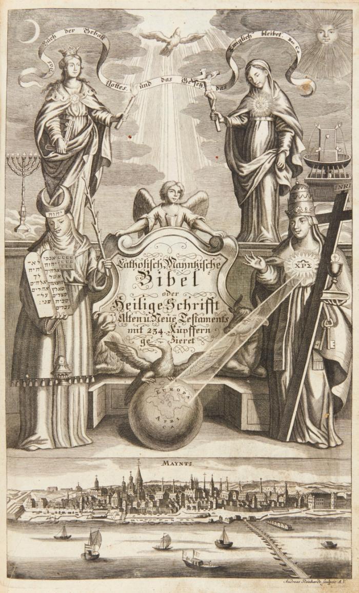 Catholische Mayntzische Bibel, das ist, Die gantze Heilige Schrifft Alten und Neuen Testaments, Nach der uralten gemeinen Lateinischen, von dr Catholischen Kirchen bewährten, und in derselbigen bishero allzeit gebrauchten Ubersetzung, Auf hohe Verordnung... Herrn Philipp Carl, des H. Stuhls zu Mayntz Ertz=Bischoffs... nach dem 1662 zu Mayntz gedruckten Exemplar.