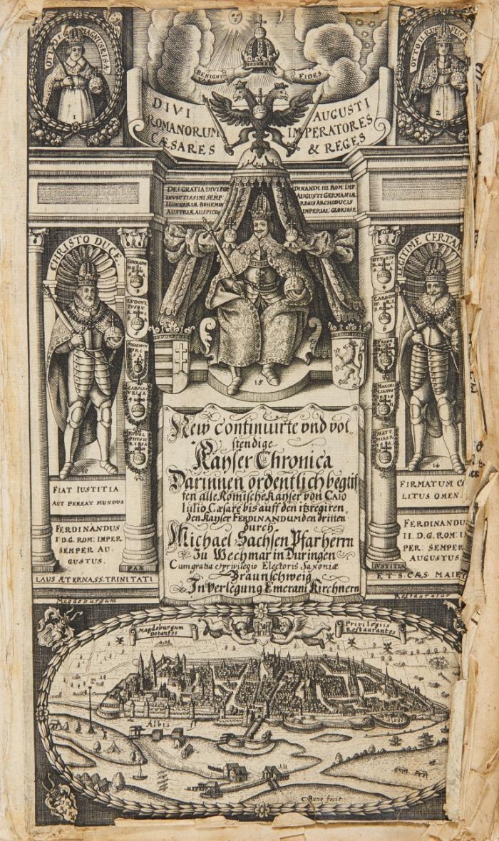 Newe KeyserChronica : Darin[n]en Ordentlich begriffen Alle Römische Keyser, Von Caio Iulio Caesare biß auff den Jetztregierenden Keyser Ferdinandum den Dritten dieses Namens ... beschrieben. 5 Tle. in 1 Bd.
