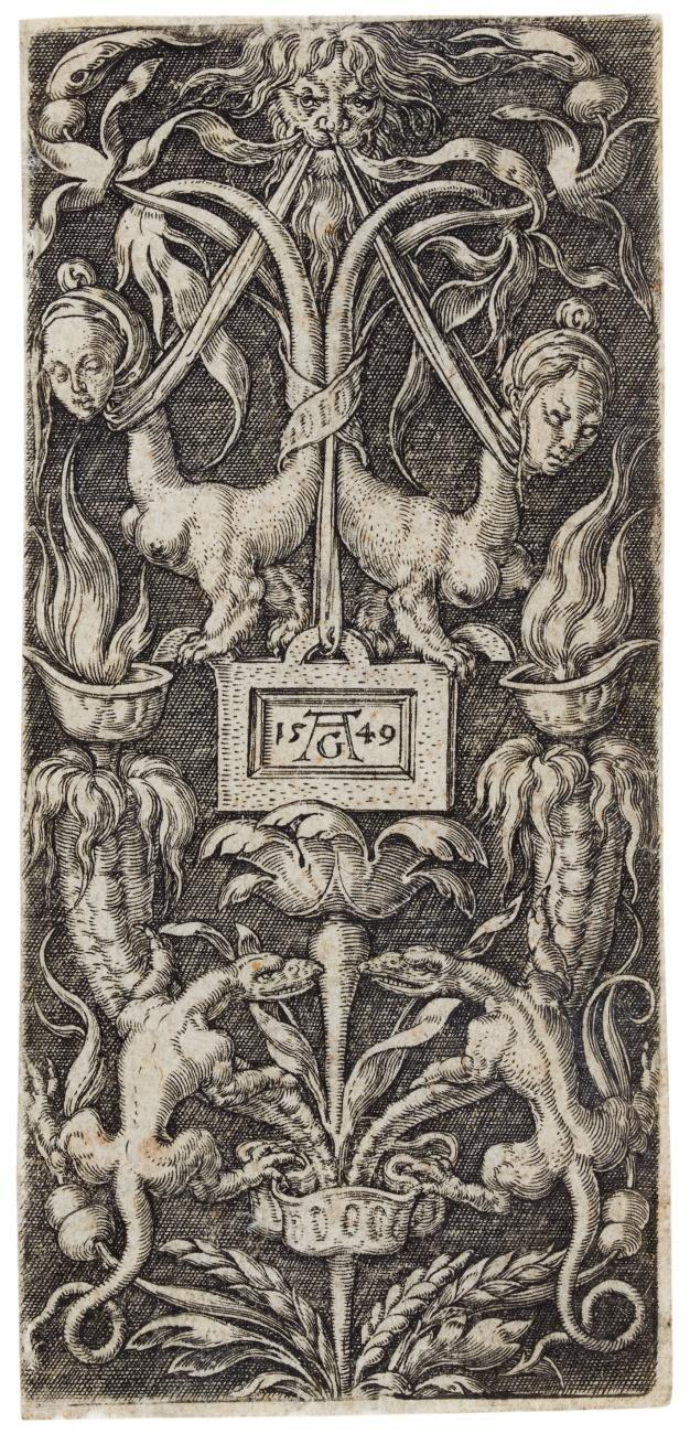 Aufsteigendes Ornament mit zwei Eidechsen.