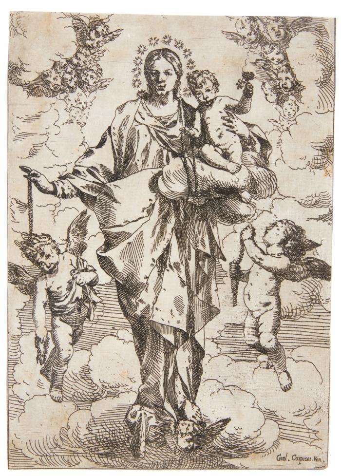 Die Rosenkranz-Madonna, umgeben von Engeln.