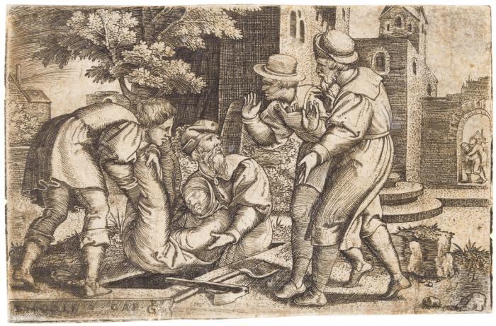 Tobit, der eines der Kinder Israels begräbt. Um 1543.