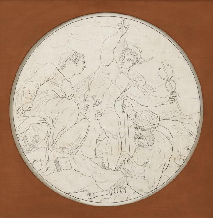 Merkur mit der Kunst und Neptun (Darstellung im Rund).