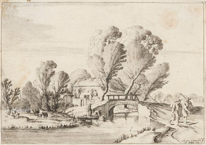 Die Landschaft mit zwei Wanderern vor einer Brücke und einem Bauernhaus.