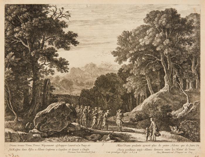 Venus bietet Diana Cupido und Amor zur Wahl an (Blat 3 aus: Geschichte des Adonis) / Landschaft mit Ruinen und einer Frau mit Sonnenschirm / Landschaft mit zeichnendem Künstler / Landschaft mit Wald am Fluss / Die Fischer.