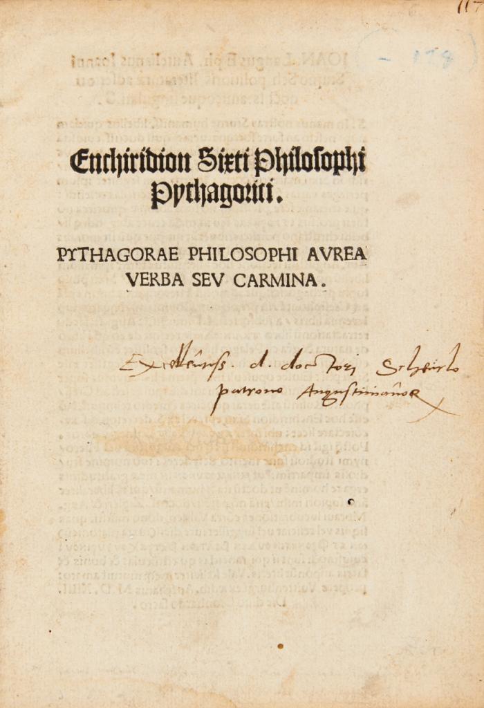 Enchiridion ... Pythagorae philosophi aurea verba seu carmina.