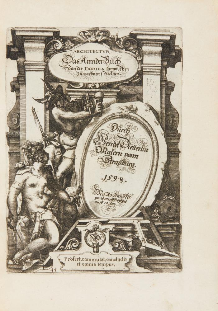 Architectura. Von Außtheilung, Symmetria vnd Proportion der Fünff Seulen, und allerdarauß volgender Kunst Arbeit, von Fenstern, Caminen, Thürgerichten, Portalen, Bronnen und Epitaphien. 5 Tle. in 1 Bd.