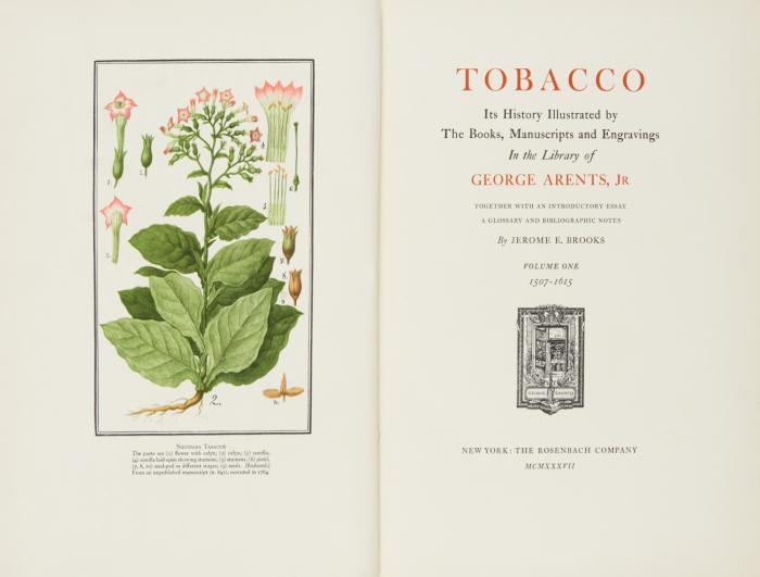 Tobacco. Its history illustrated by the books, manuscripts and engravings in the library of George Arents, Jr. Together with an introductory essay, a glossary and bibliographical notes. 5 Bde.