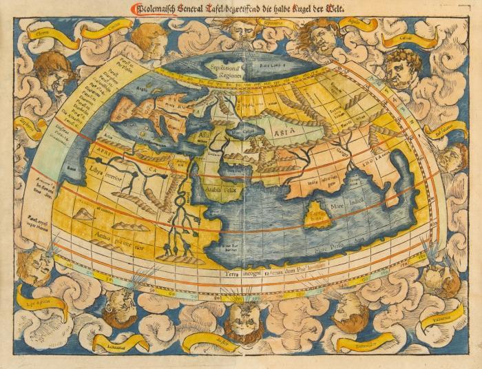 Weltkarte, ptolemäisch. Ptolemaisch General Tafel begreiffend die halbe Kugel der Welt, Mit den Kontinenten Europa, Asien und Afrika, umgeben von Windbläsern und Wolken. / Rückseitig Titel mit figürlicher Holzschnittbordüre nach Hans Holbein d. J.