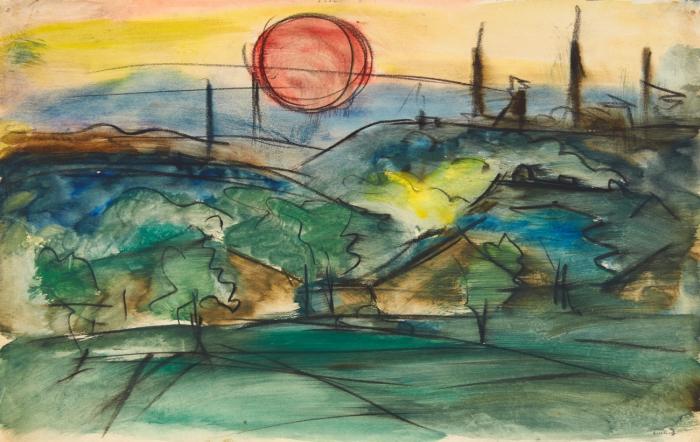 LANDSCHAFT MIT SONNENUNTERGANG
