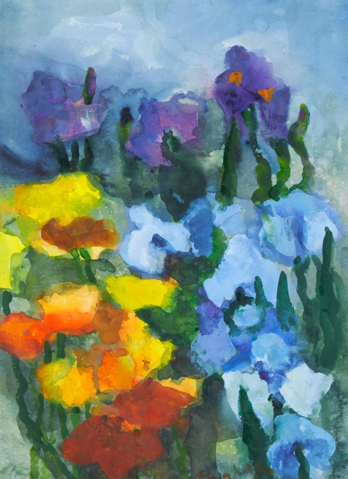 GARTEN MIT IRIS UND MOHN