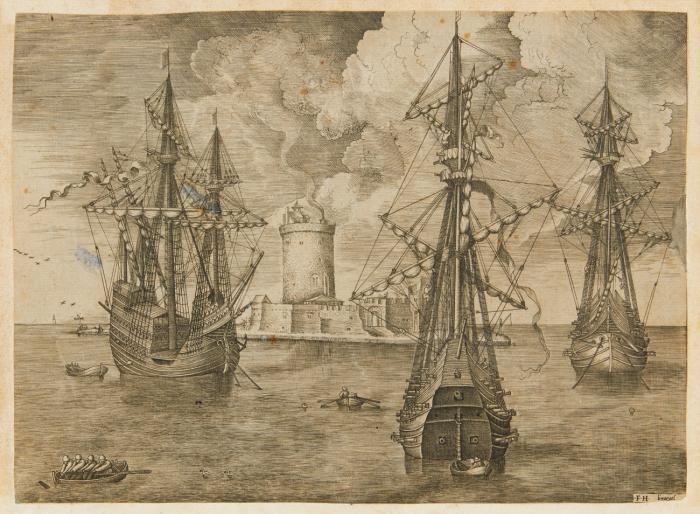 Viermaster und zwei Dreimaster bei einer befestigten Insel mit Leuchtturm ankernd.