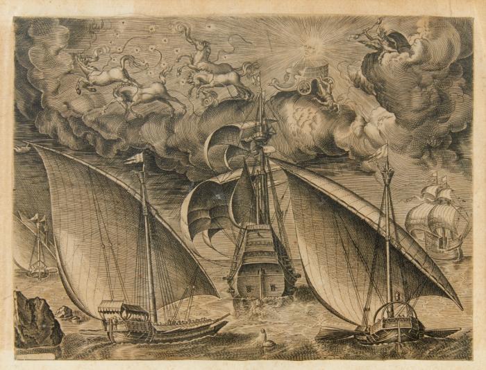 Zwei Galeeren hinter einem Dreimaster segelnd, mit Phaeton und Jupiter am Himmel.