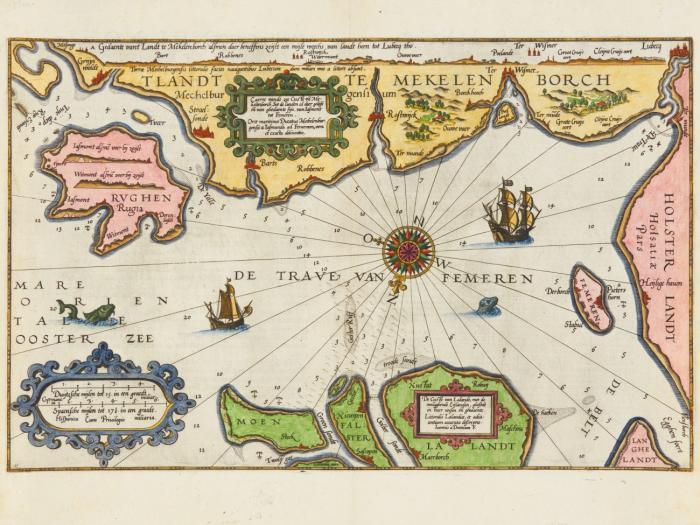 Mecklenburg / Ostsee. Caerte van de zee Custe van Meklenborch, Soe de landen al daer gelegen en van ghedaente sijn, van Iasmont tot Femeren, Küstenkarte mit der Küste Mecklenburgs von Lübeck bis Greifswald, den Inseln Rügen und Fehmarn sowie Lolland, Falster und Møn; mit drei Kartuschen und Windrose.