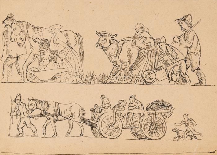 BAUERNZUG MIT FAMILIE, VIEH UND FUHRWERK