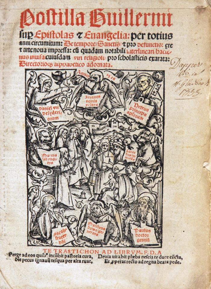 Postilla sup[er] Epistolas [et] Euangelia: per totius anni circumitum: De tempore Sanctis [et] pro defunctis: ere [et] arte noua impressa ... Directorio alphabetico adornata.