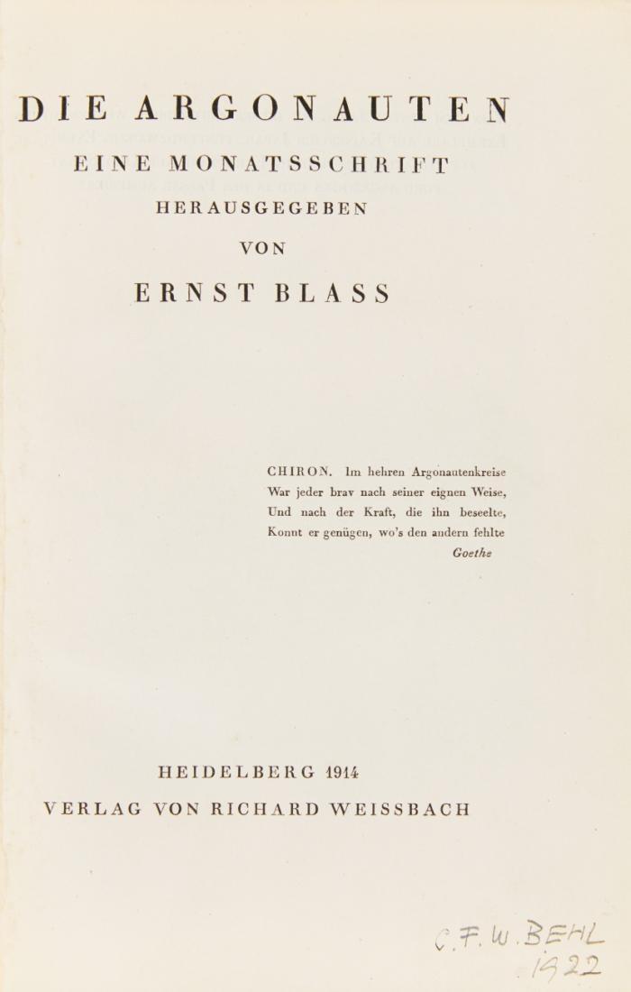 DIE ARGONAUTEN
Eine Monatsschrift. Hrsg. von Ernst Blass. I. Folge (alles) in 1 Bd.