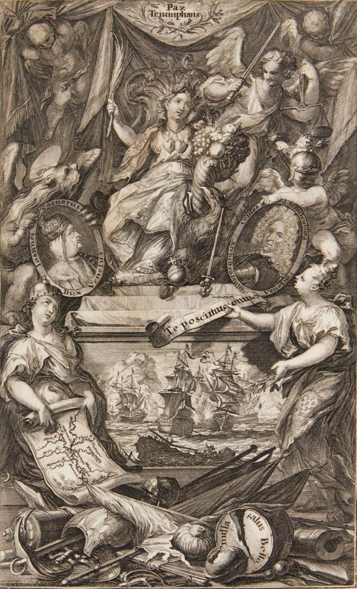 Türkenkriege. – Pax Triumphans, allegorische Darstellung des Krieges zwischen Venedig und den Türken 1715/16 mit Porträts von Giovanni II. Carnaro und Matthias Johann von der Schulenburg.