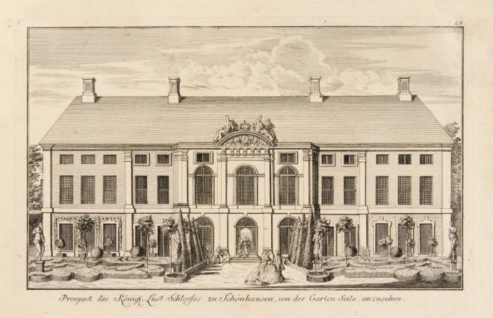 Berlin. Schloss Monbijou / Schloss Schönhausen. – Prospect des Königl. Lust Schlosses Monbijoux zu Berlin / Prospect des Königl. Lust-Schlosses zu Schönhausen, von der Garten-Seite anzusehen.