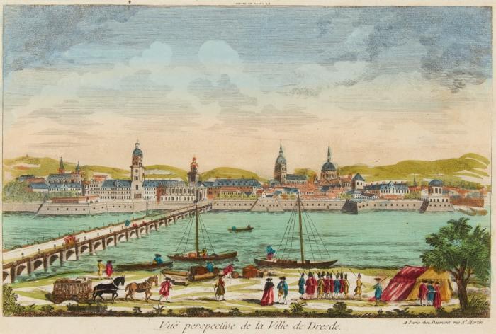 Dresden. - Vuë perspective de la Ville de Dresde / Ansicht von Dresden nebst der Elbe Brücke gegen Mitternacht / Prospect von Dresden nach der Seite des Zwingers.