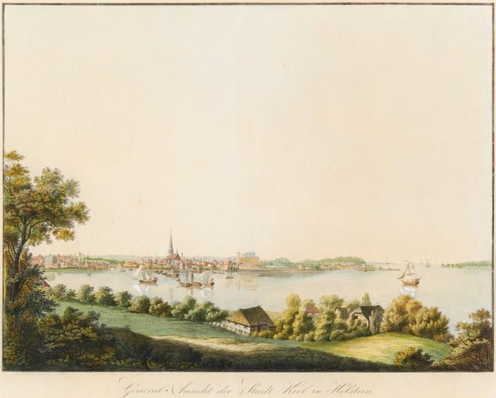 Kiel. General Ansicht der Stadt Kiel in Holstein, Ansicht der Stadt von Osten mit Blick auf die Nicolaikirche, Schloß und Förde
