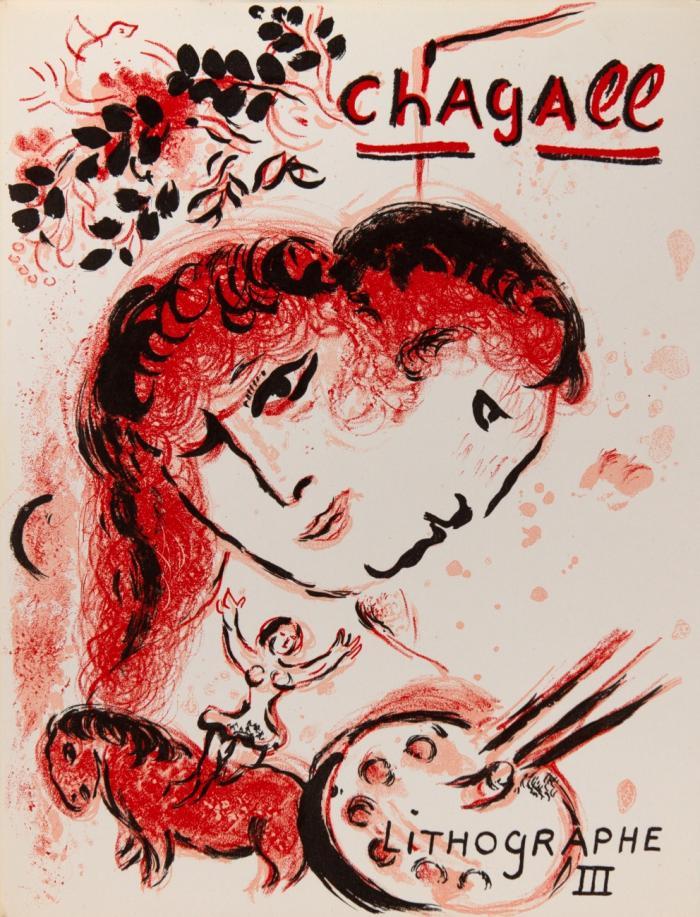 Chagall Lithograph. Bände III-IV (deutsche Ausg.). Monte Carlo: A. Sauret 1969-74. 32,4 x 24,5 cm. Mit zus. 4 farbigen OrLithographien (2 auf d. Umschlägen) und zahlr. weiteren Illustrationen. OrLn. mit illustr. OrUmschlägen in Pp.-Schuber.