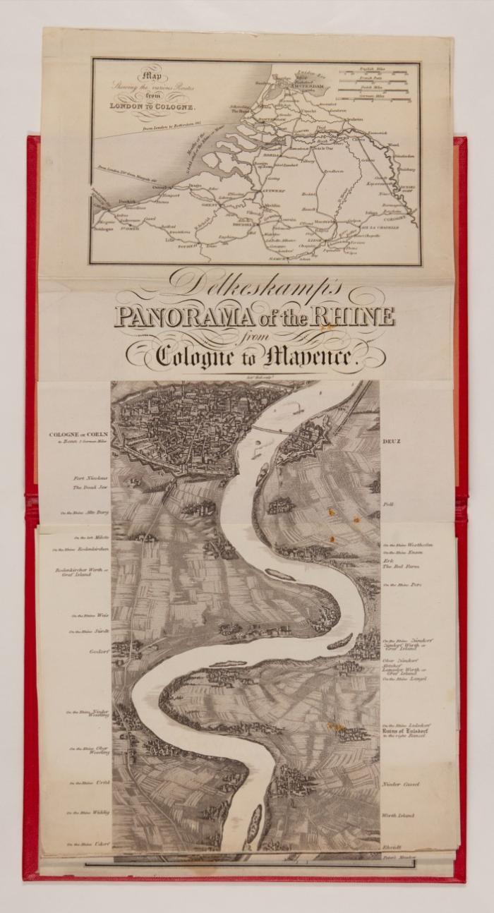 Panorama of the Rhine and the adjacent country, from Cologne to Mayence, drawn from nature, ... to which are now added maps, showing the routes from Calais, Ostend, and Rotterdam, to Cologne, and from Mayence to the sources of the Rhine; together with the steam boat compagnion, describing the places between Rotterdam and Mayence. London: Samuel Leigh o. J. (ca. 1830).
