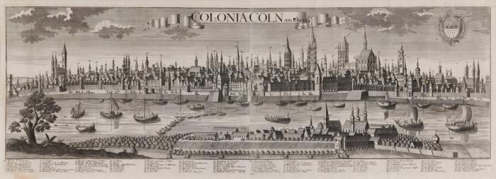 Köln. – Colonia Cöln am Rhein, große Panoramaansicht mit Blick über Deutz und den Rhein mit Schiffen, oben mit Titelschriftband und Wappen.