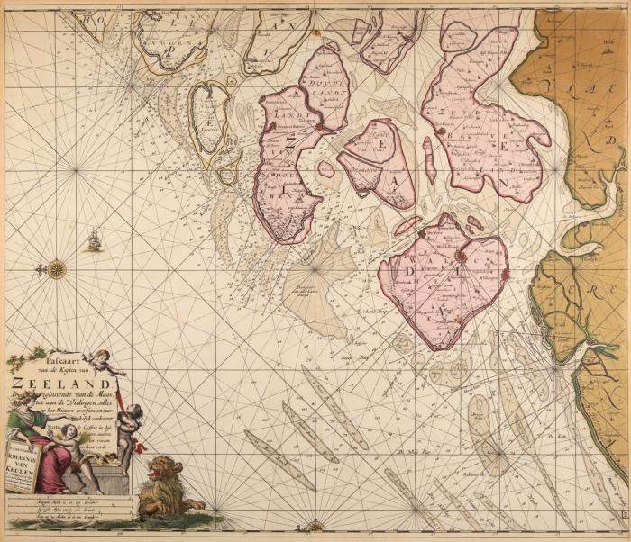 Niederlande. - Zeeland. Paskaart van de Kusten van Zeeland. Beginnende van de Maas tot aan de Wielingen, alles op het nieuws oversien, en merkelyk verbetert, Seekarte von Zeeland, mit figürlicher Kartusche.