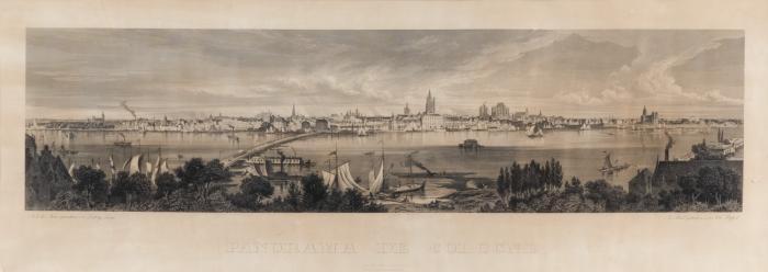 Köln. – Panorama de Cologne, Panoramaansicht über den Rhein, im Vordergrund das bewaldete Deutzer Ufer, zahlreiche Segelboote und Raddampfer, links Pontonbrücke.