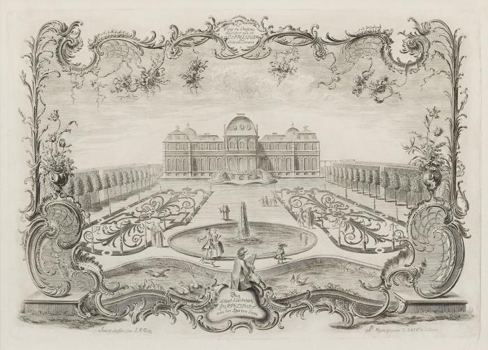 SCHLOSS CLEMENSRUHE IN POPPELSDORF

La vue du chateau Electorale de Poppelsdorf du Coté du Jardin - Das Churf. Lust Schloß Poppelsdorf von der Garten Seite. Ansicht mit der Hauptfront des Schlosses, Gartenseite mit geschwungener Treppe, Broderieparterre mit rundem Springburnnen, eingefasst von hohen Hecken und Baumreihen sowie Figurenstaffage, umgeben von floralen Girlanden und Rocaillen; Im unteren Rand auf der Kartusche sitzend die Rückenfigur eines Zeichners (wohl Selbstporträt von Metz).